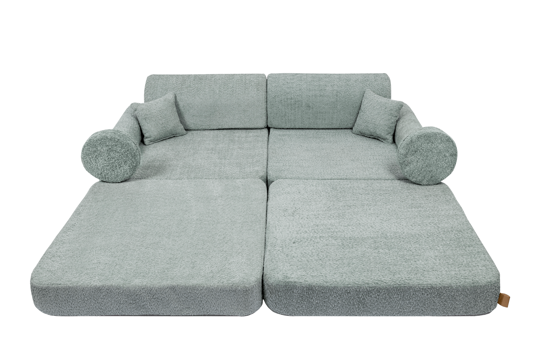 Radosne dzieci bawiące się na sofie modułowej dla dzieci od Meowbaby, z wygodnym materiałem boucle, Premium 160cm.